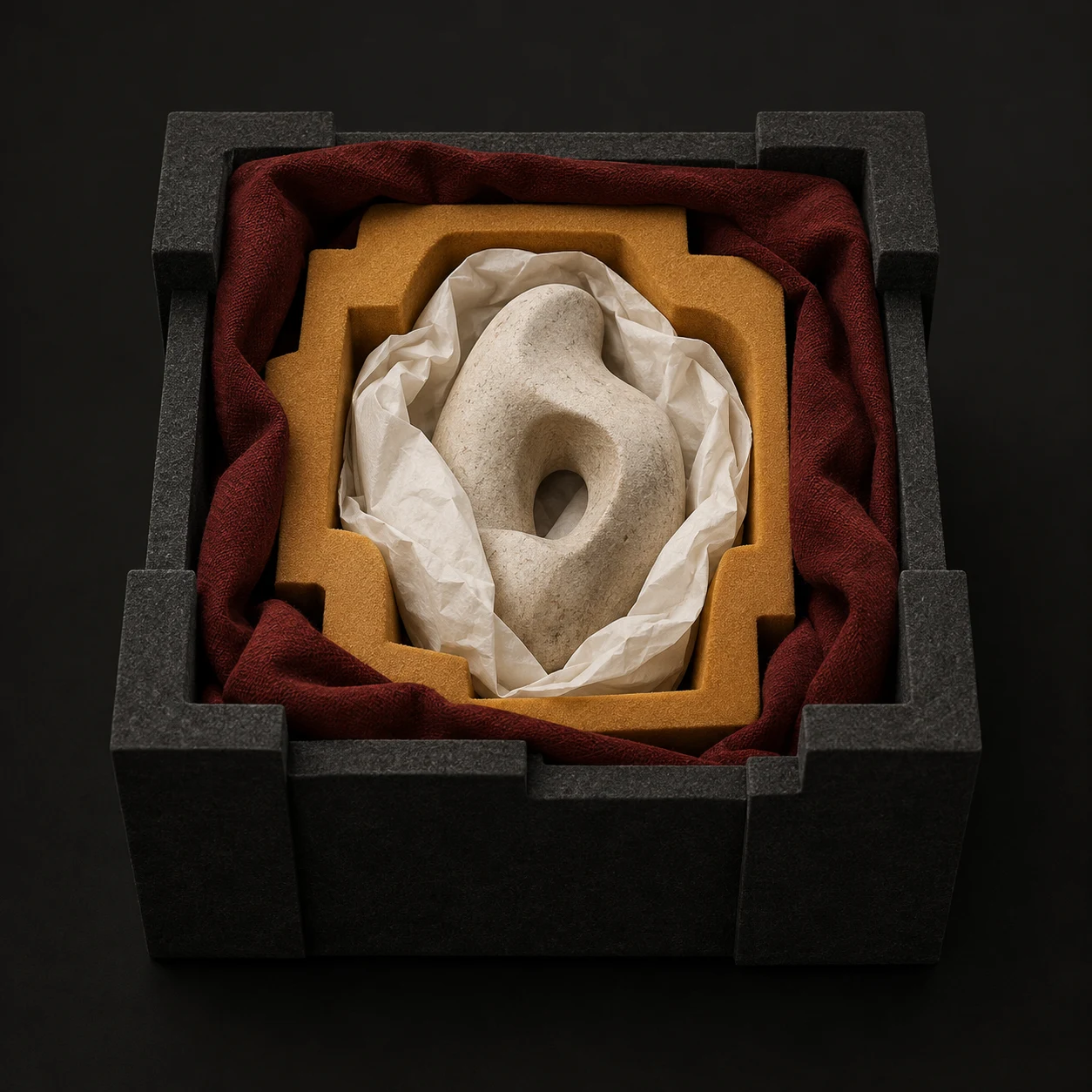 A pale sculptural stone item nested in tissue, fitted ochre foam, oxblood textile and a rigid graphite protective cradle