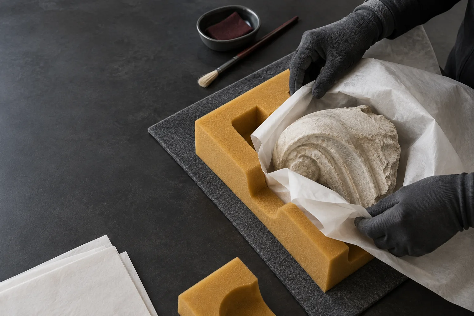 Gloved hands placing a stone architectural fragment into a fitted protective foam cradle